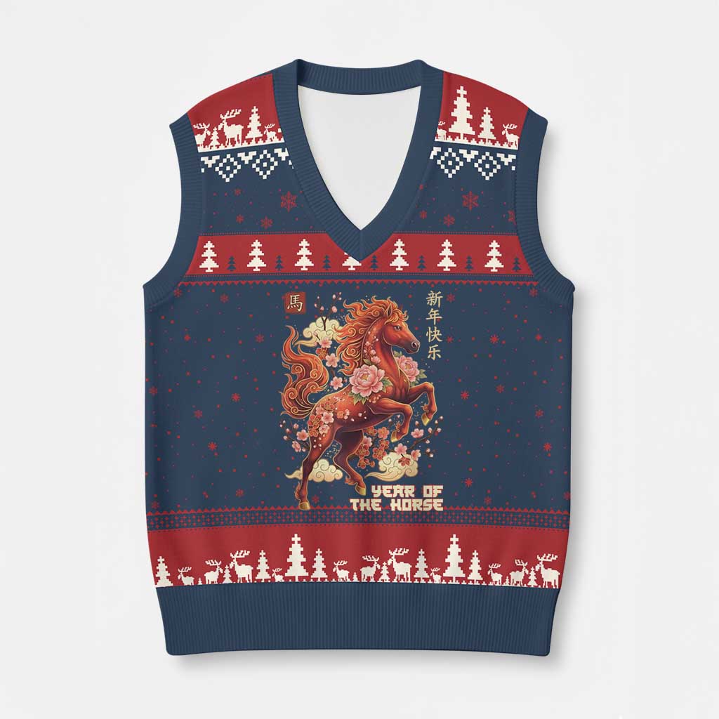 Year of the Horse Chinese New Year V-Neck Knit Sweater Vest Floral Zodiac Horse Lunar Festival - Wonder Print Shop