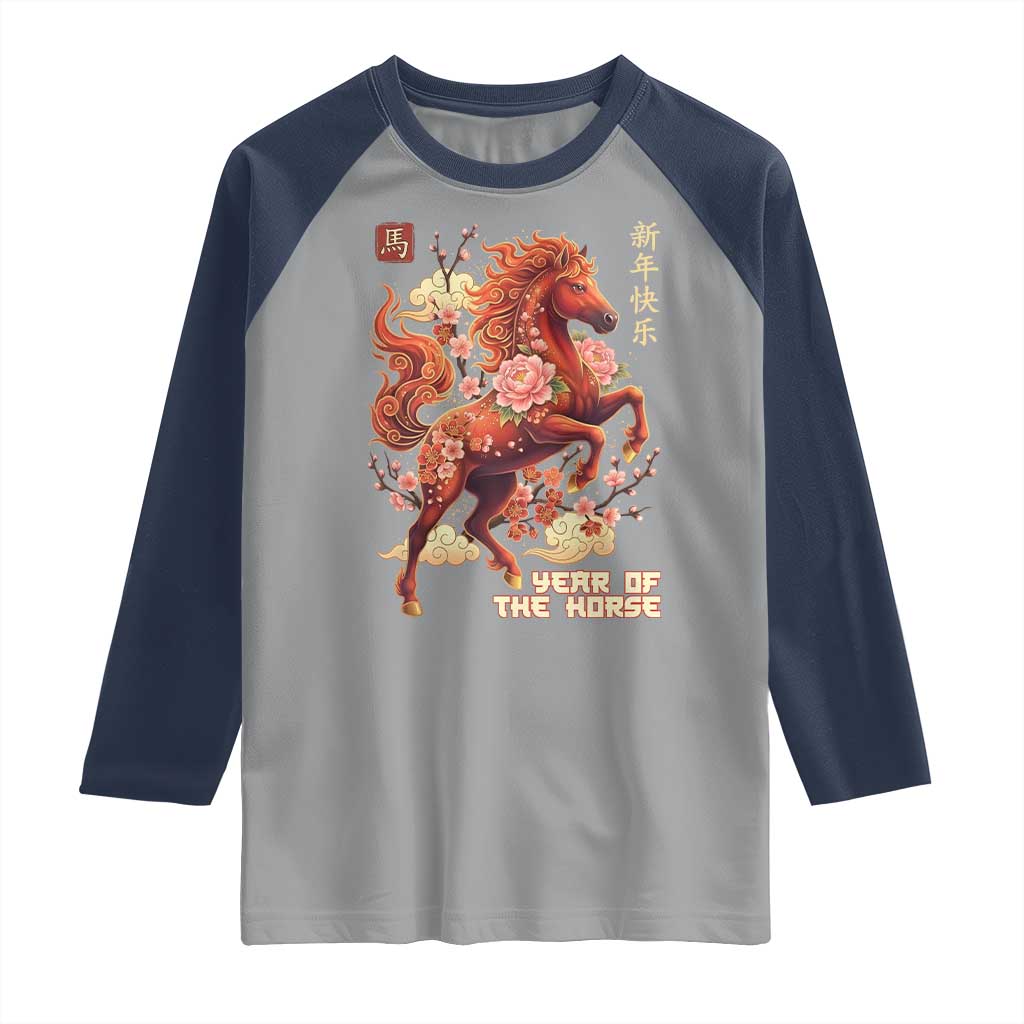 Year of the Horse Chinese New Year Raglan Shirt Floral Zodiac Horse Lunar Festival - Wonder Print Shop