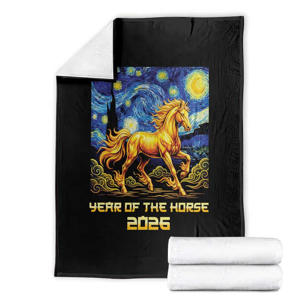 Year of the Horse Starry Night Inspired Graphic Throw Blanket Golden Horse Chinese Zodiac Art - Wonder Print Shop