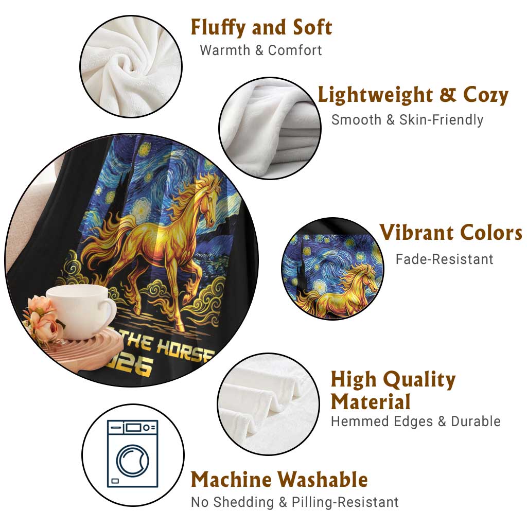 Year of the Horse Starry Night Inspired Graphic Throw Blanket Golden Horse Chinese Zodiac Art - Wonder Print Shop