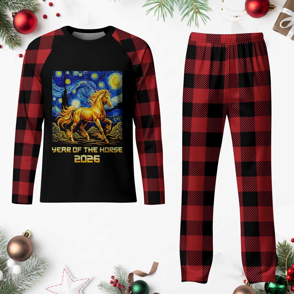 Year of the Horse Starry Night Inspired Graphic Plaid Pajama Set Golden Horse Chinese Zodiac Art - Wonder Print Shop