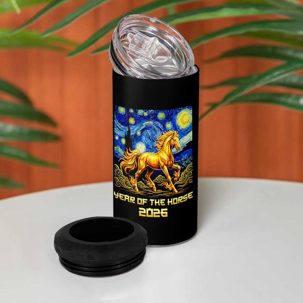 Year of the Horse Starry Night Inspired Graphic 4 in 1 Can Cooler Tumbler Golden Horse Chinese Zodiac Art - Wonder Print Shop