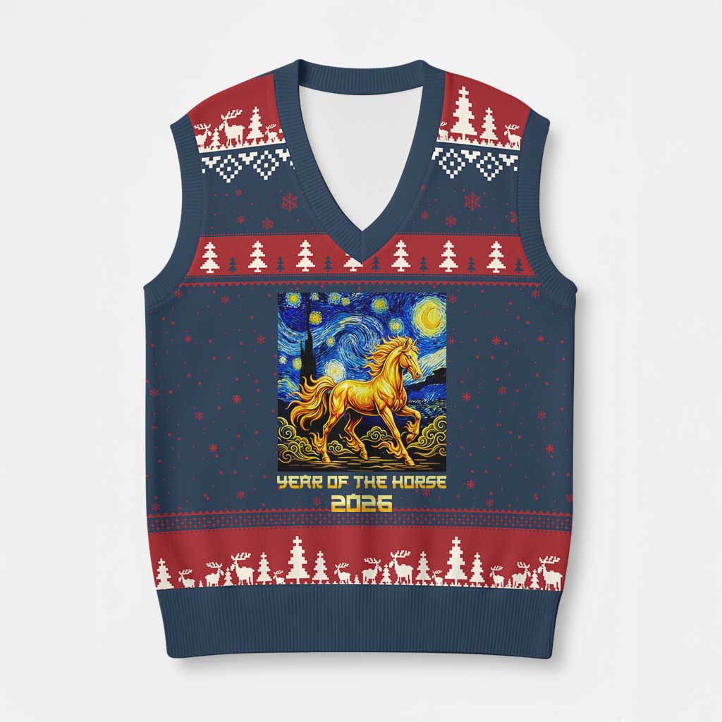 Year of the Horse Starry Night Inspired Graphic V-Neck Knit Sweater Vest Golden Horse Chinese Zodiac Art - Wonder Print Shop