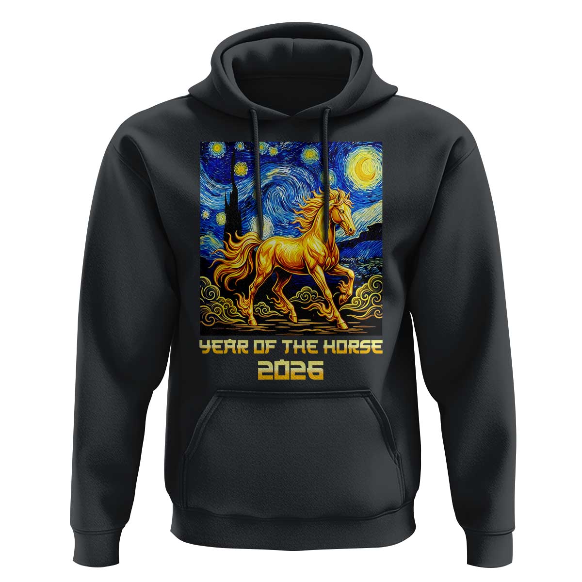 Year of the Horse Starry Night Inspired Graphic Hoodie Golden Horse Chinese Zodiac Art - Wonder Print Shop