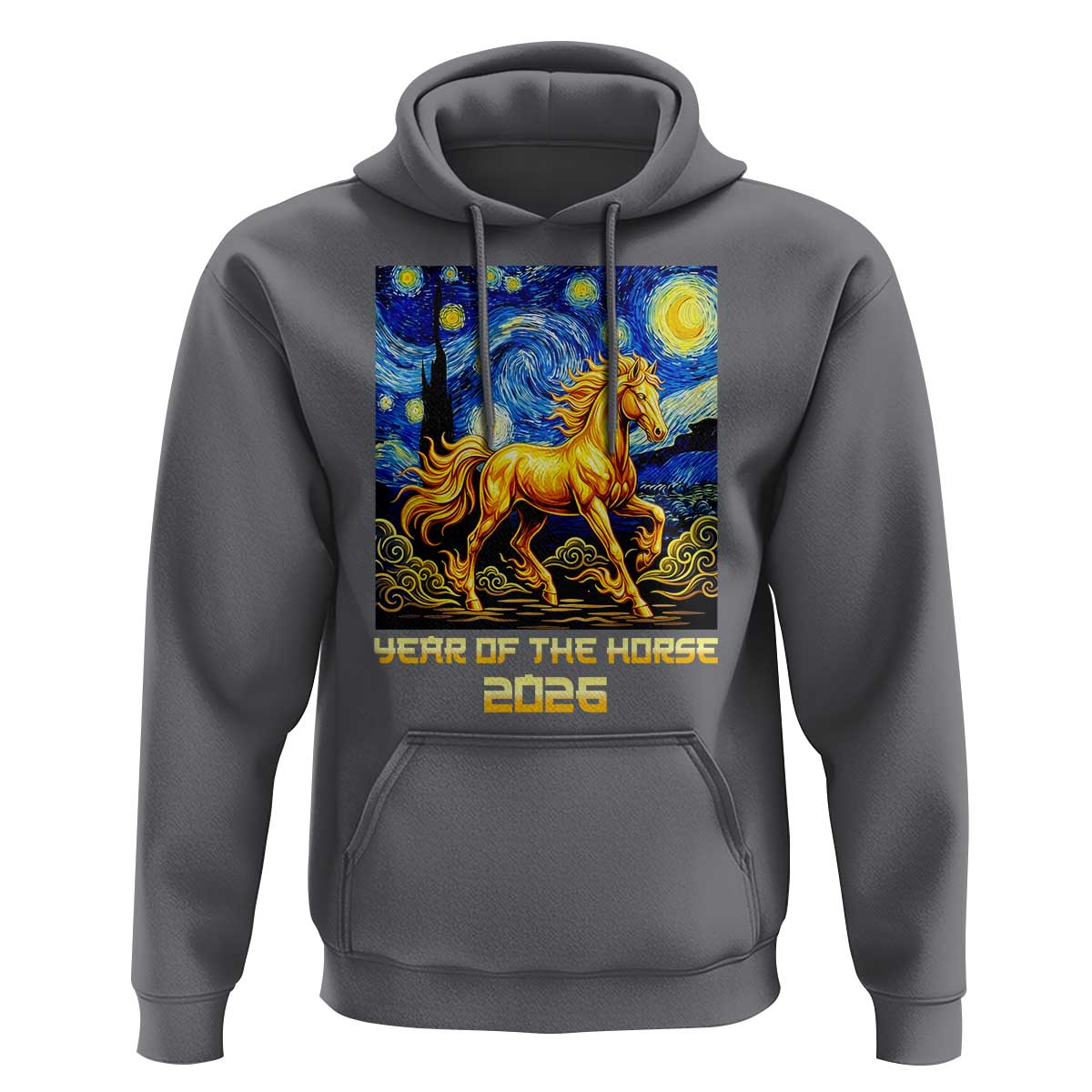 Year of the Horse Starry Night Inspired Graphic Hoodie Golden Horse Chinese Zodiac Art - Wonder Print Shop