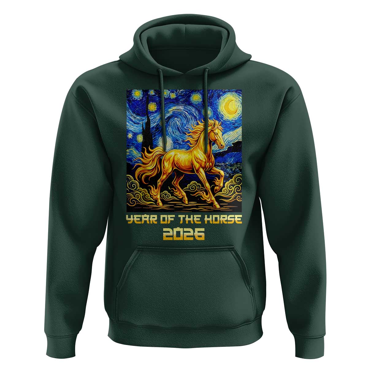 Year of the Horse Starry Night Inspired Graphic Hoodie Golden Horse Chinese Zodiac Art - Wonder Print Shop