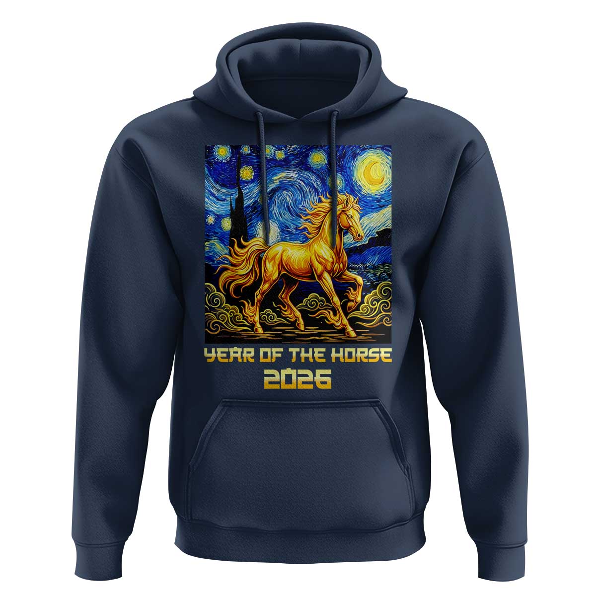 Year of the Horse Starry Night Inspired Graphic Hoodie Golden Horse Chinese Zodiac Art - Wonder Print Shop