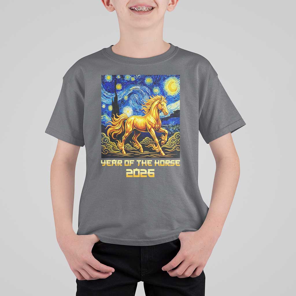 Year of the Horse Starry Night Inspired Graphic T Shirt For Kid Golden Horse Chinese Zodiac Art - Wonder Print Shop