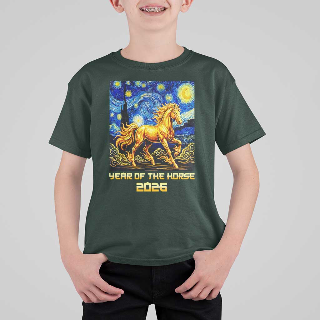 Year of the Horse Starry Night Inspired Graphic T Shirt For Kid Golden Horse Chinese Zodiac Art - Wonder Print Shop