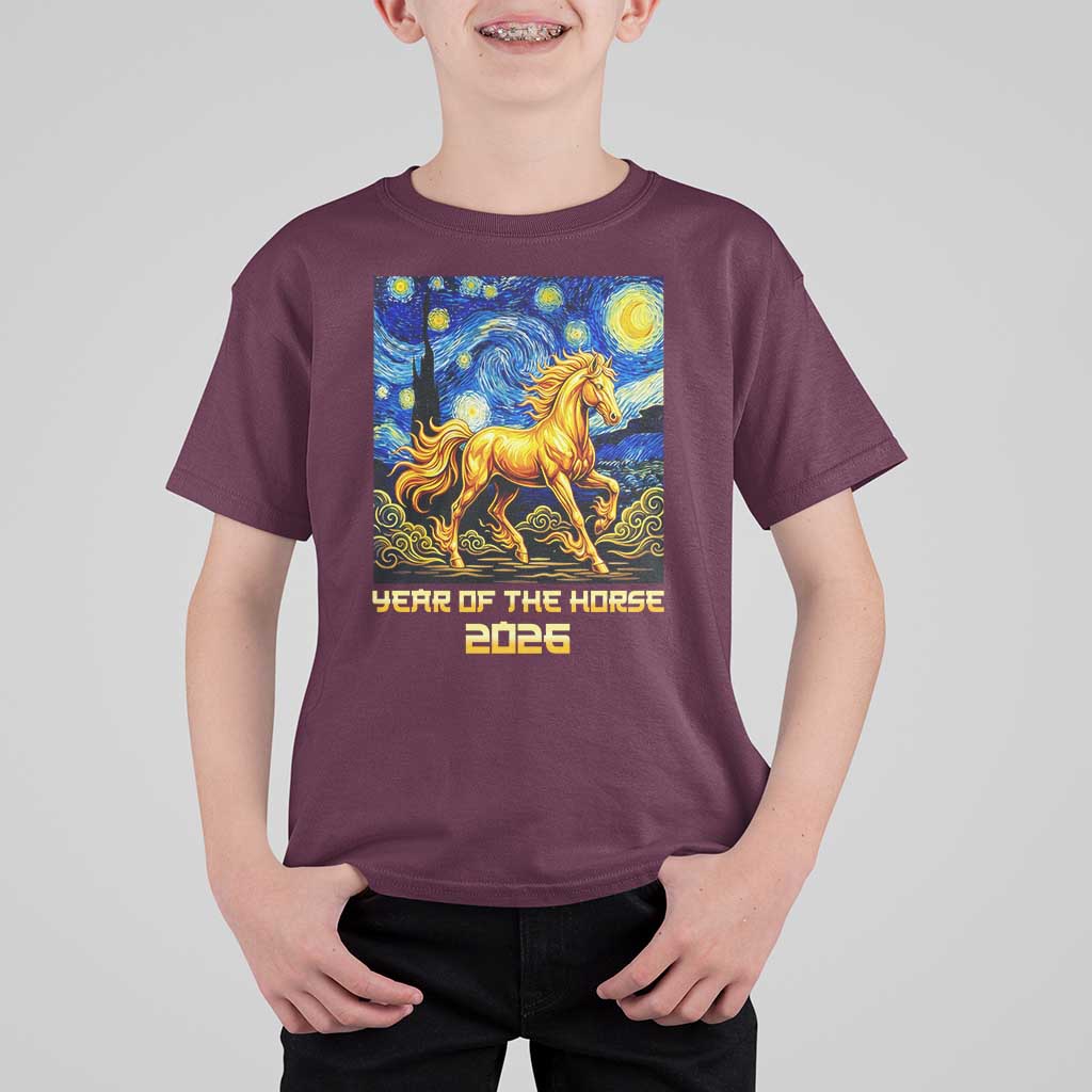 Year of the Horse Starry Night Inspired Graphic T Shirt For Kid Golden Horse Chinese Zodiac Art - Wonder Print Shop