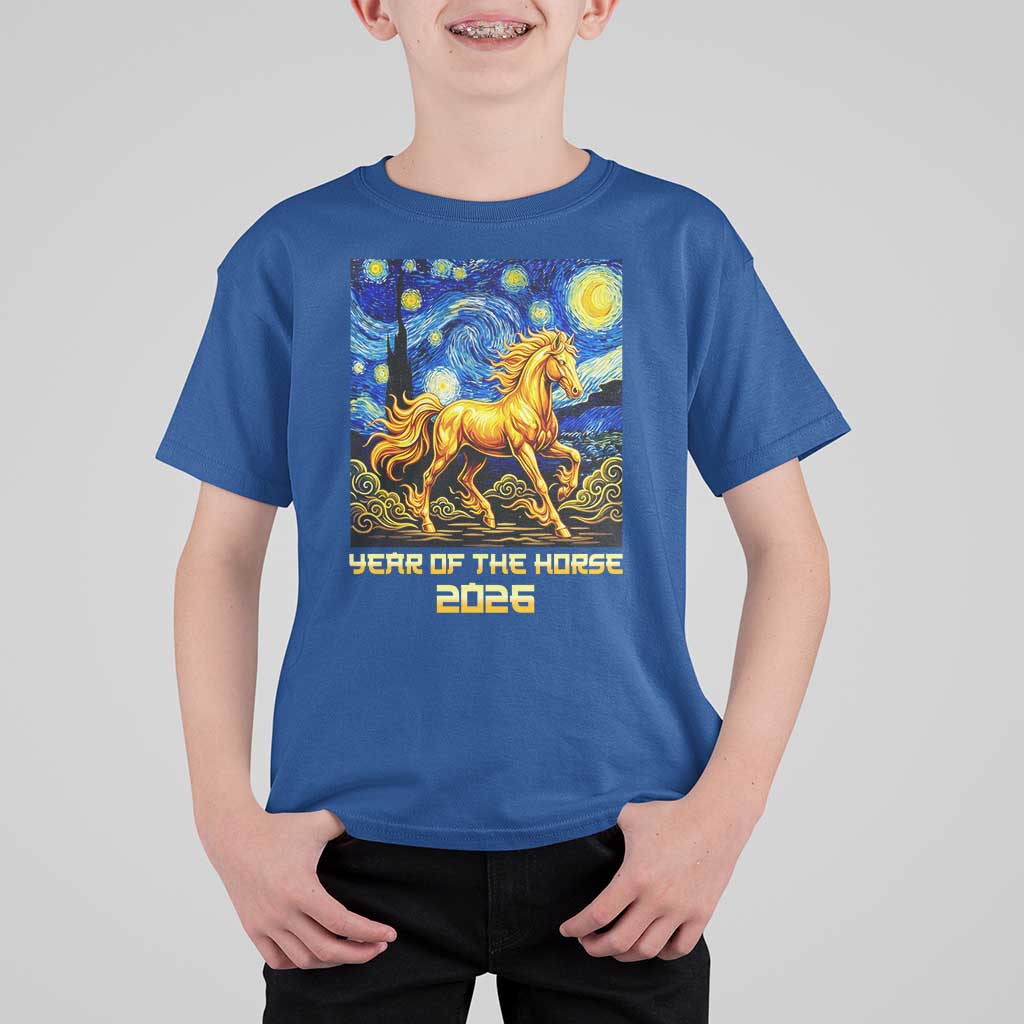 Year of the Horse Starry Night Inspired Graphic T Shirt For Kid Golden Horse Chinese Zodiac Art - Wonder Print Shop