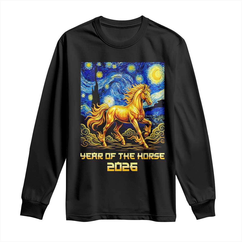 Year of the Horse Starry Night Inspired Graphic Long Sleeve Shirt Golden Horse Chinese Zodiac Art - Wonder Print Shop