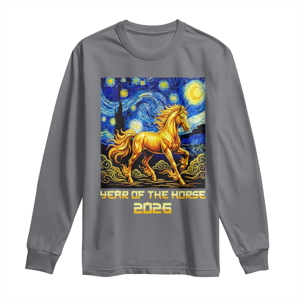 Year of the Horse Starry Night Inspired Graphic Long Sleeve Shirt Golden Horse Chinese Zodiac Art - Wonder Print Shop