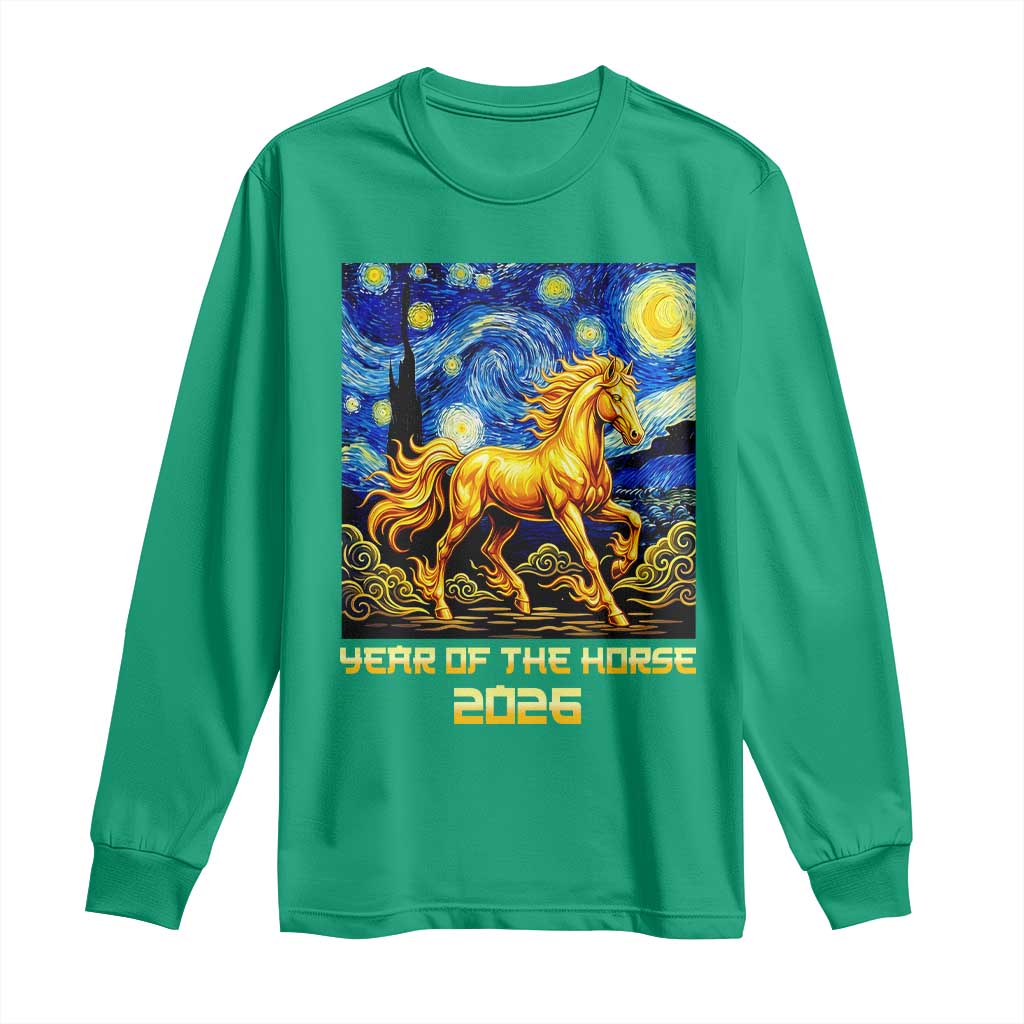 Year of the Horse Starry Night Inspired Graphic Long Sleeve Shirt Golden Horse Chinese Zodiac Art - Wonder Print Shop