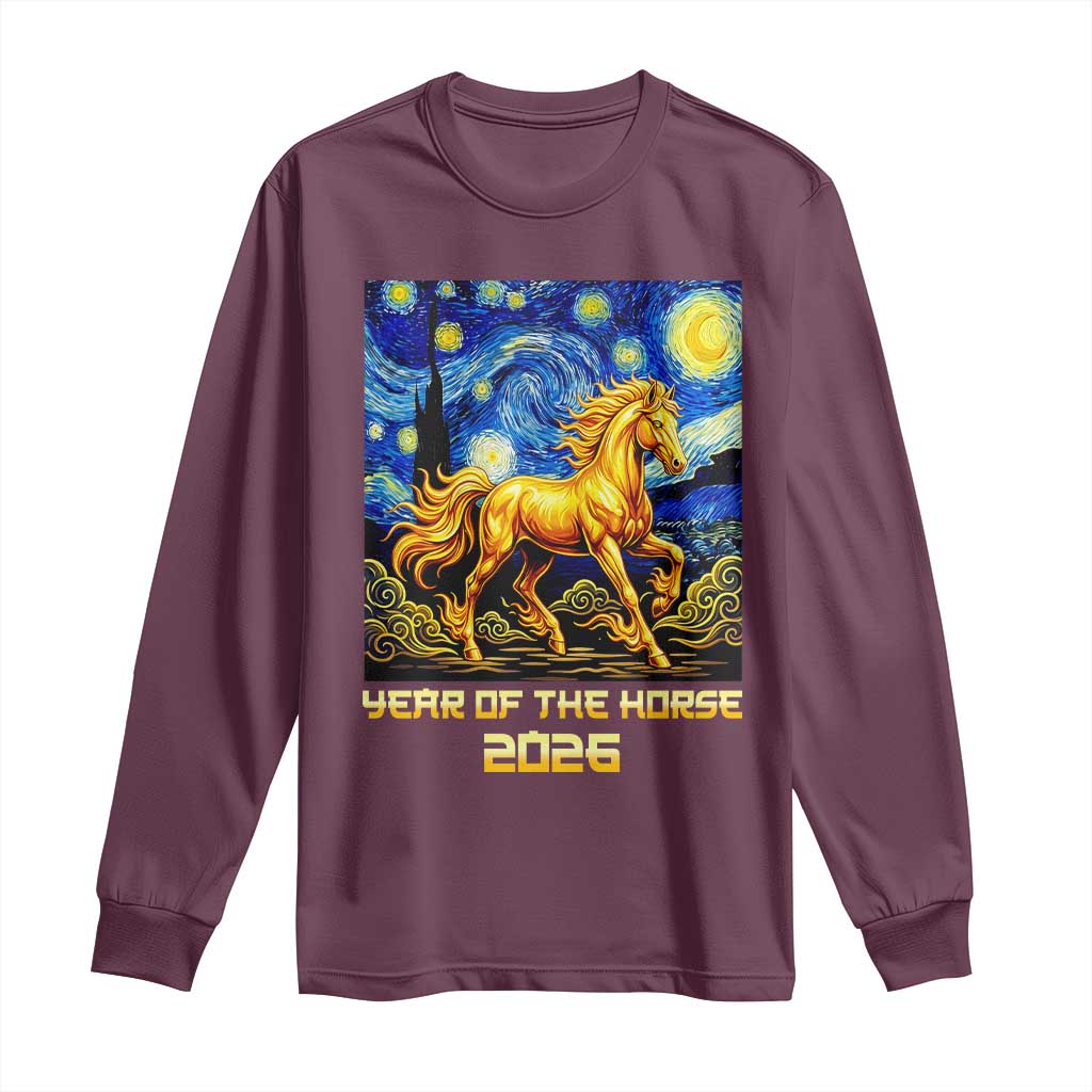 Year of the Horse Starry Night Inspired Graphic Long Sleeve Shirt Golden Horse Chinese Zodiac Art - Wonder Print Shop