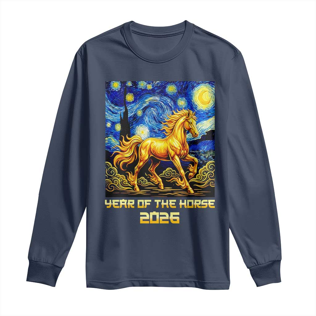 Year of the Horse Starry Night Inspired Graphic Long Sleeve Shirt Golden Horse Chinese Zodiac Art - Wonder Print Shop