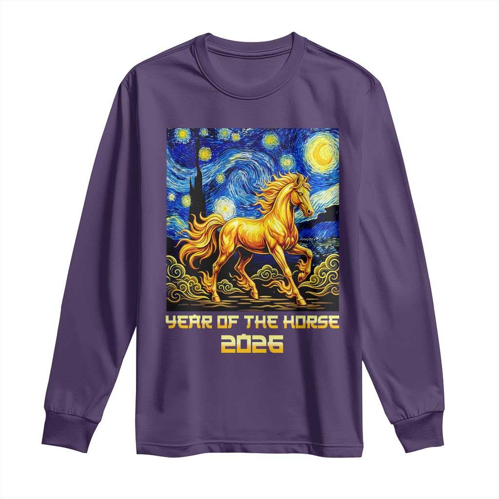 Year of the Horse Starry Night Inspired Graphic Long Sleeve Shirt Golden Horse Chinese Zodiac Art - Wonder Print Shop