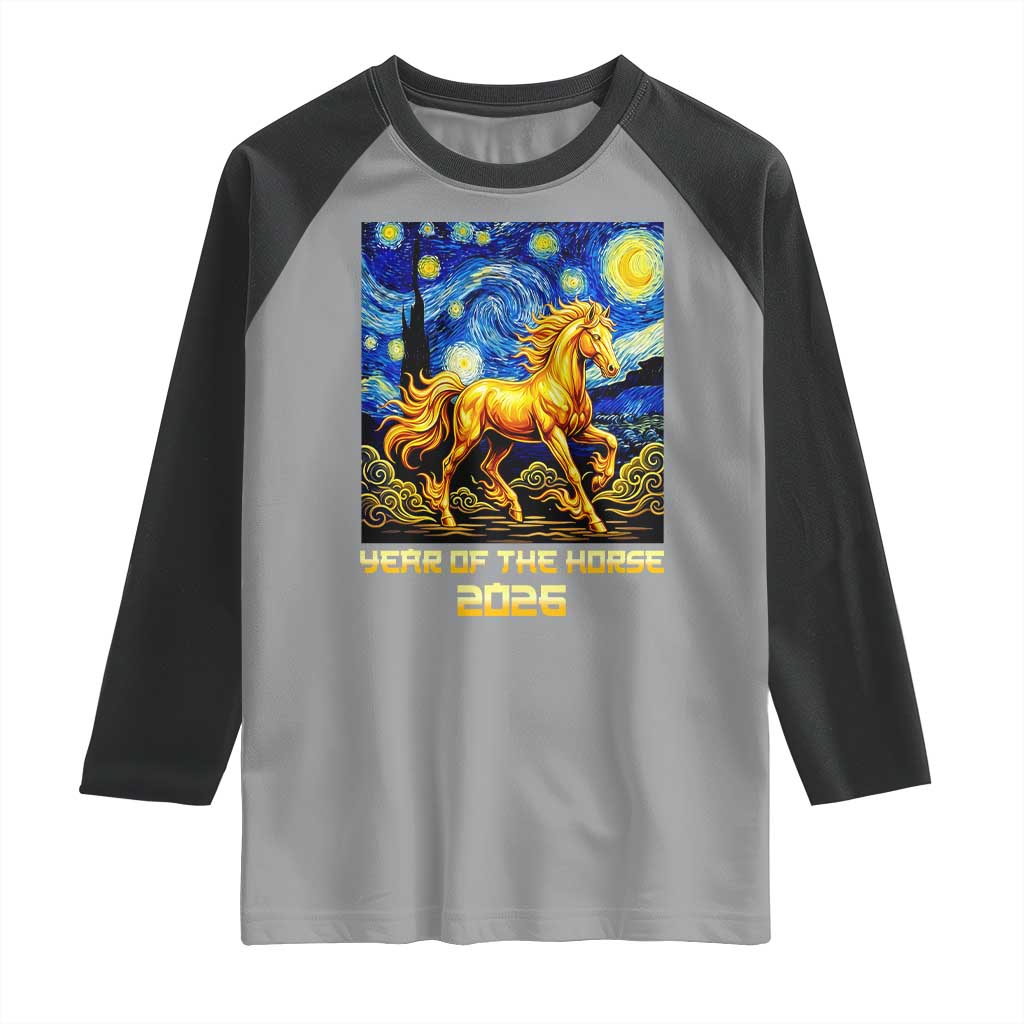 Year of the Horse Starry Night Inspired Graphic Raglan Shirt Golden Horse Chinese Zodiac Art - Wonder Print Shop