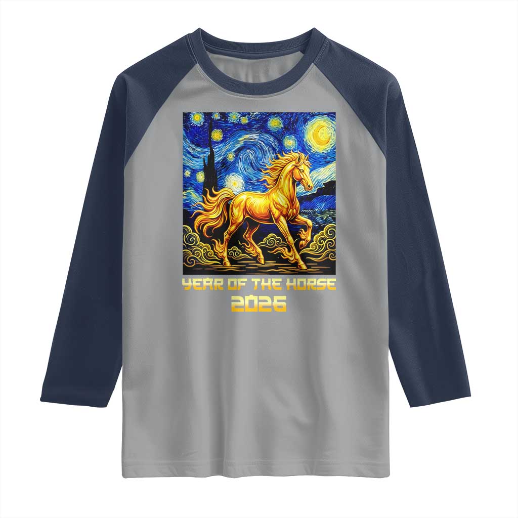 Year of the Horse Starry Night Inspired Graphic Raglan Shirt Golden Horse Chinese Zodiac Art - Wonder Print Shop