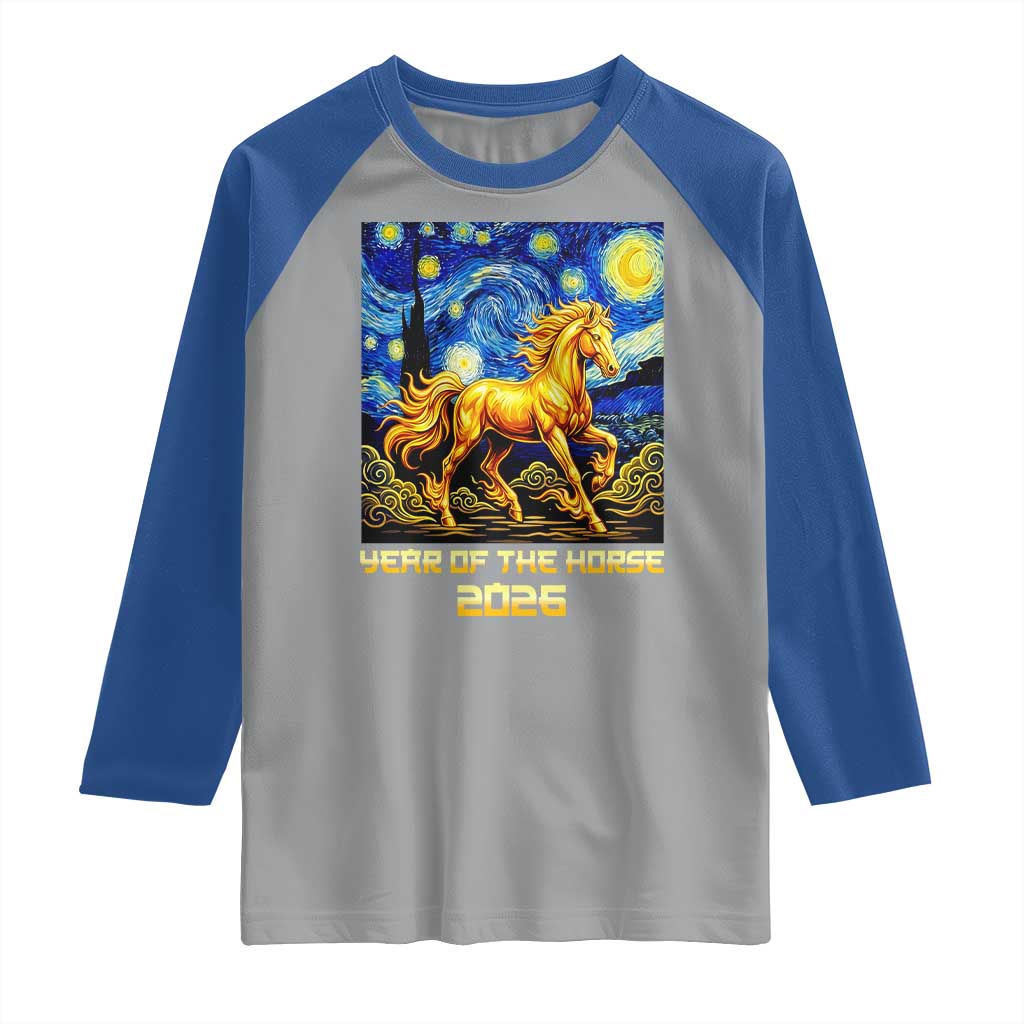 Year of the Horse Starry Night Inspired Graphic Raglan Shirt Golden Horse Chinese Zodiac Art - Wonder Print Shop