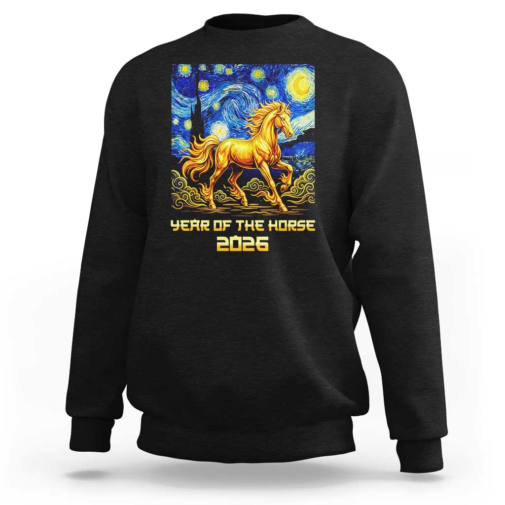 Year of the Horse Starry Night Inspired Graphic Sweatshirt Golden Horse Chinese Zodiac Art - Wonder Print Shop