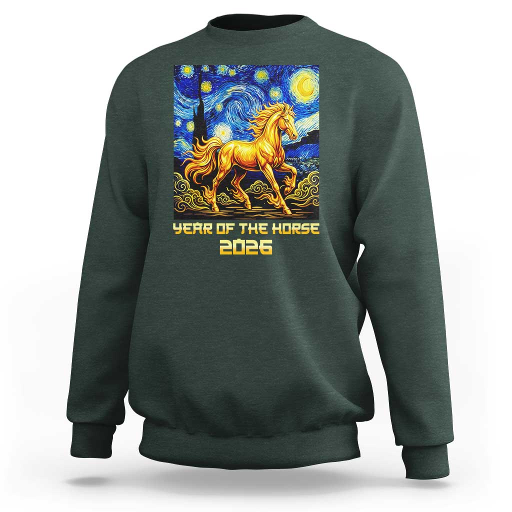 Year of the Horse Starry Night Inspired Graphic Sweatshirt Golden Horse Chinese Zodiac Art - Wonder Print Shop