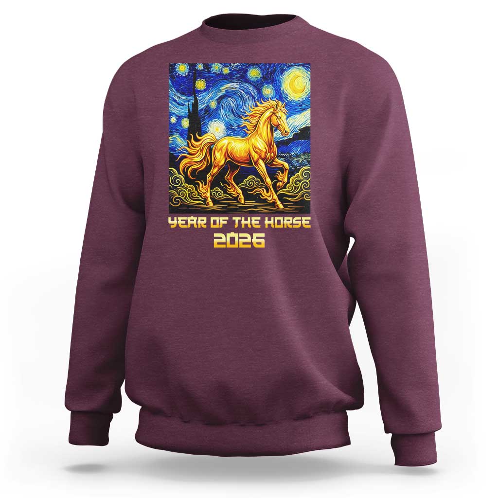 Year of the Horse Starry Night Inspired Graphic Sweatshirt Golden Horse Chinese Zodiac Art - Wonder Print Shop