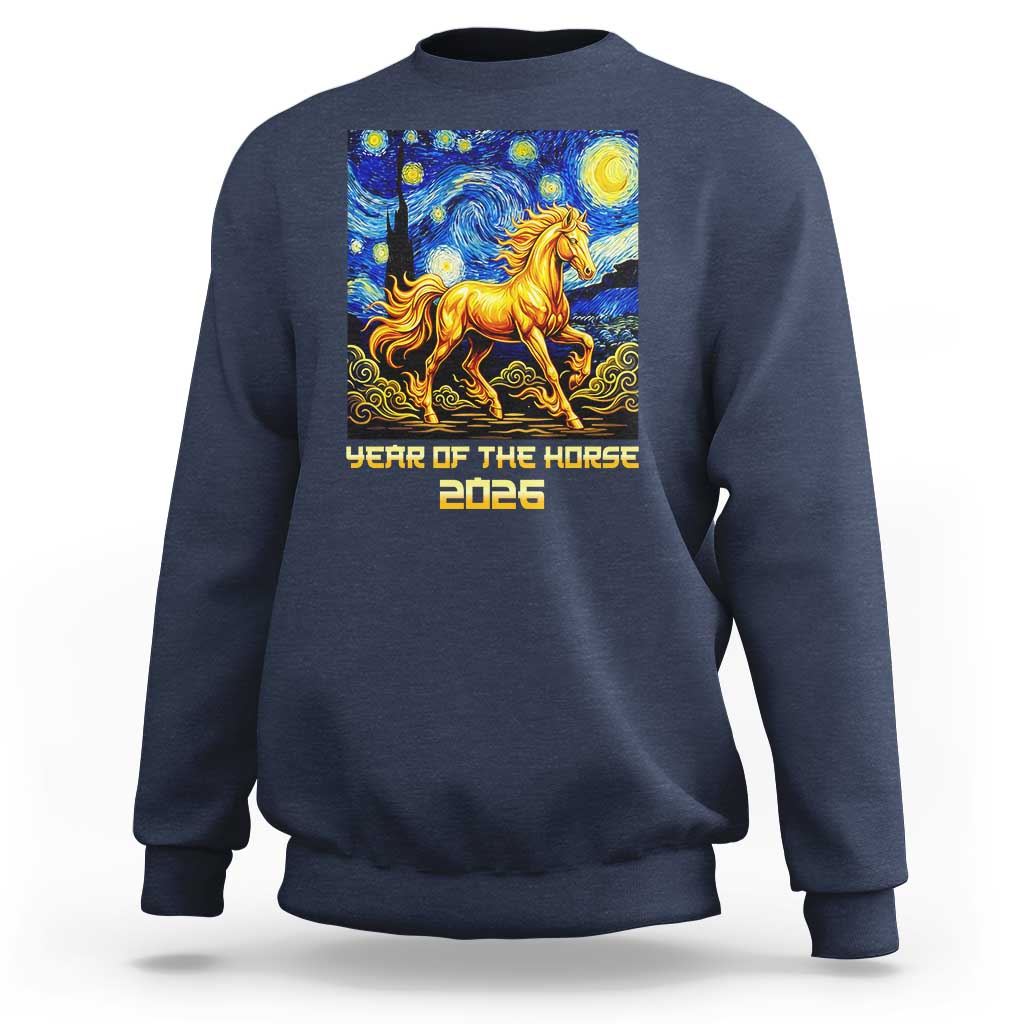 Year of the Horse Starry Night Inspired Graphic Sweatshirt Golden Horse Chinese Zodiac Art - Wonder Print Shop