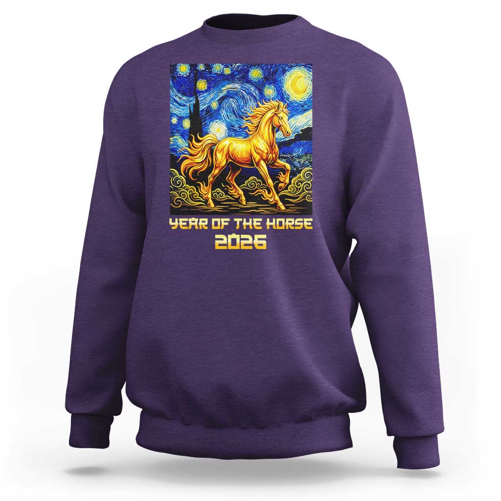Year of the Horse Starry Night Inspired Graphic Sweatshirt Golden Horse Chinese Zodiac Art - Wonder Print Shop