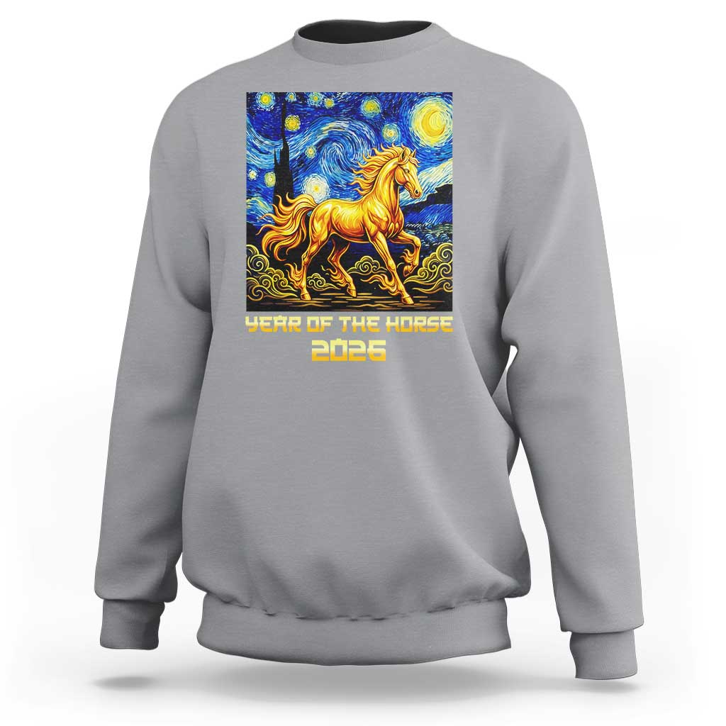 Year of the Horse Starry Night Inspired Graphic Sweatshirt Golden Horse Chinese Zodiac Art - Wonder Print Shop