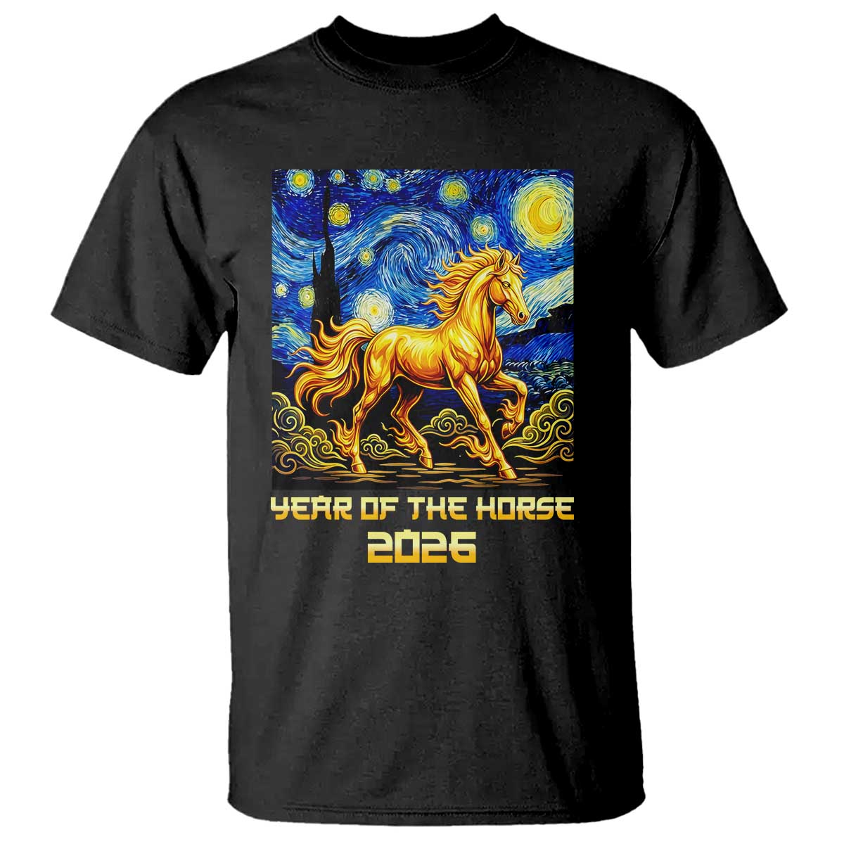 Year of the Horse Starry Night Inspired Graphic T Shirt Golden Horse Chinese Zodiac Art - Wonder Print Shop