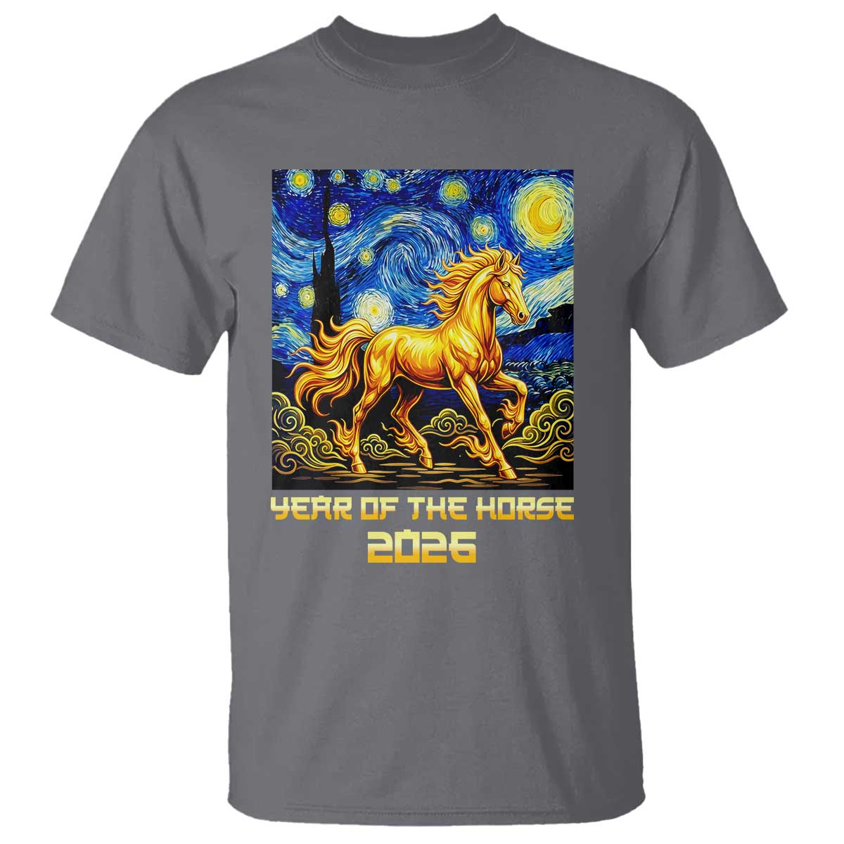 Year of the Horse Starry Night Inspired Graphic T Shirt Golden Horse Chinese Zodiac Art - Wonder Print Shop
