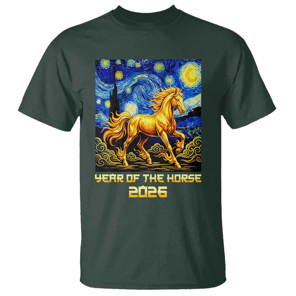 Year of the Horse Starry Night Inspired Graphic T Shirt Golden Horse Chinese Zodiac Art - Wonder Print Shop