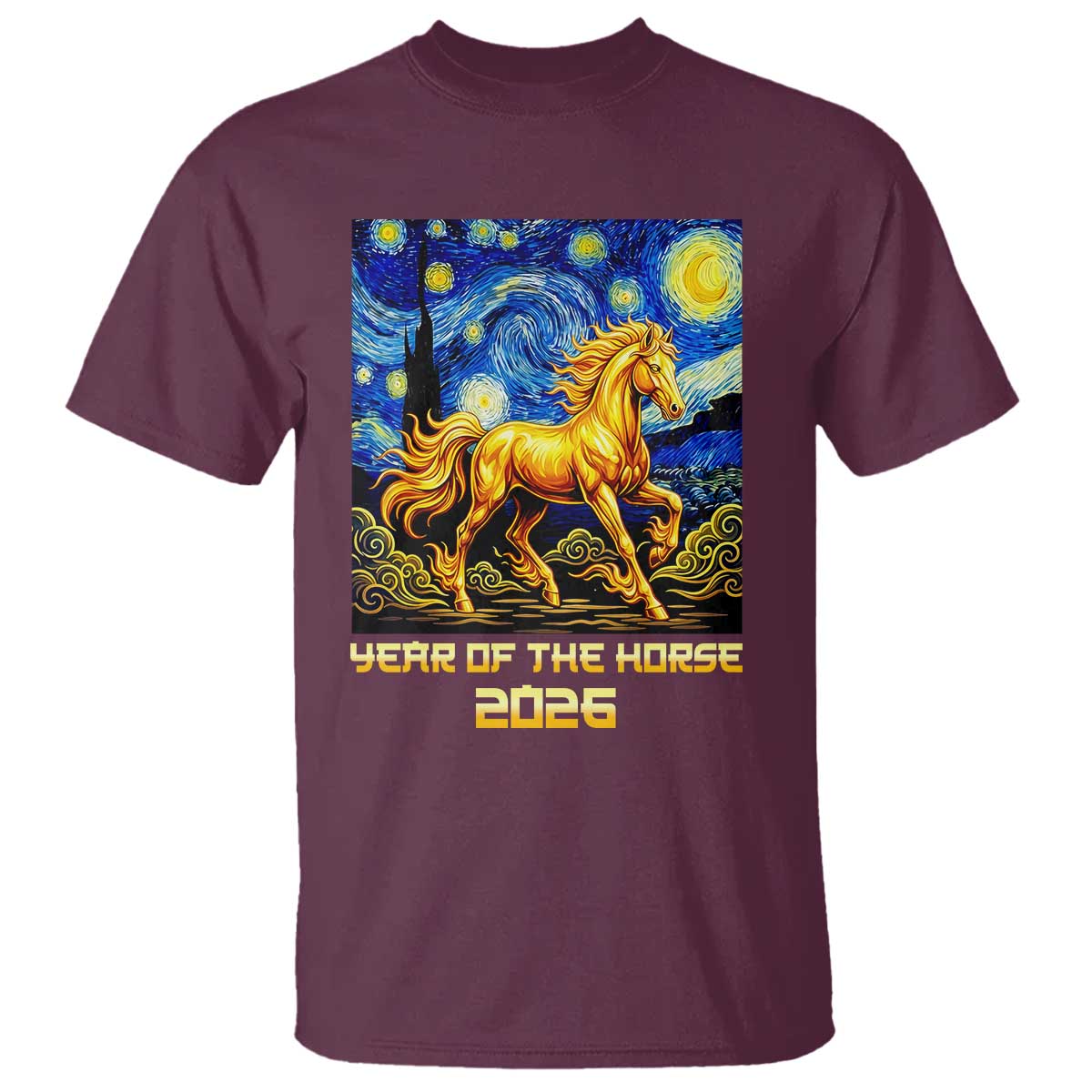Year of the Horse Starry Night Inspired Graphic T Shirt Golden Horse Chinese Zodiac Art - Wonder Print Shop