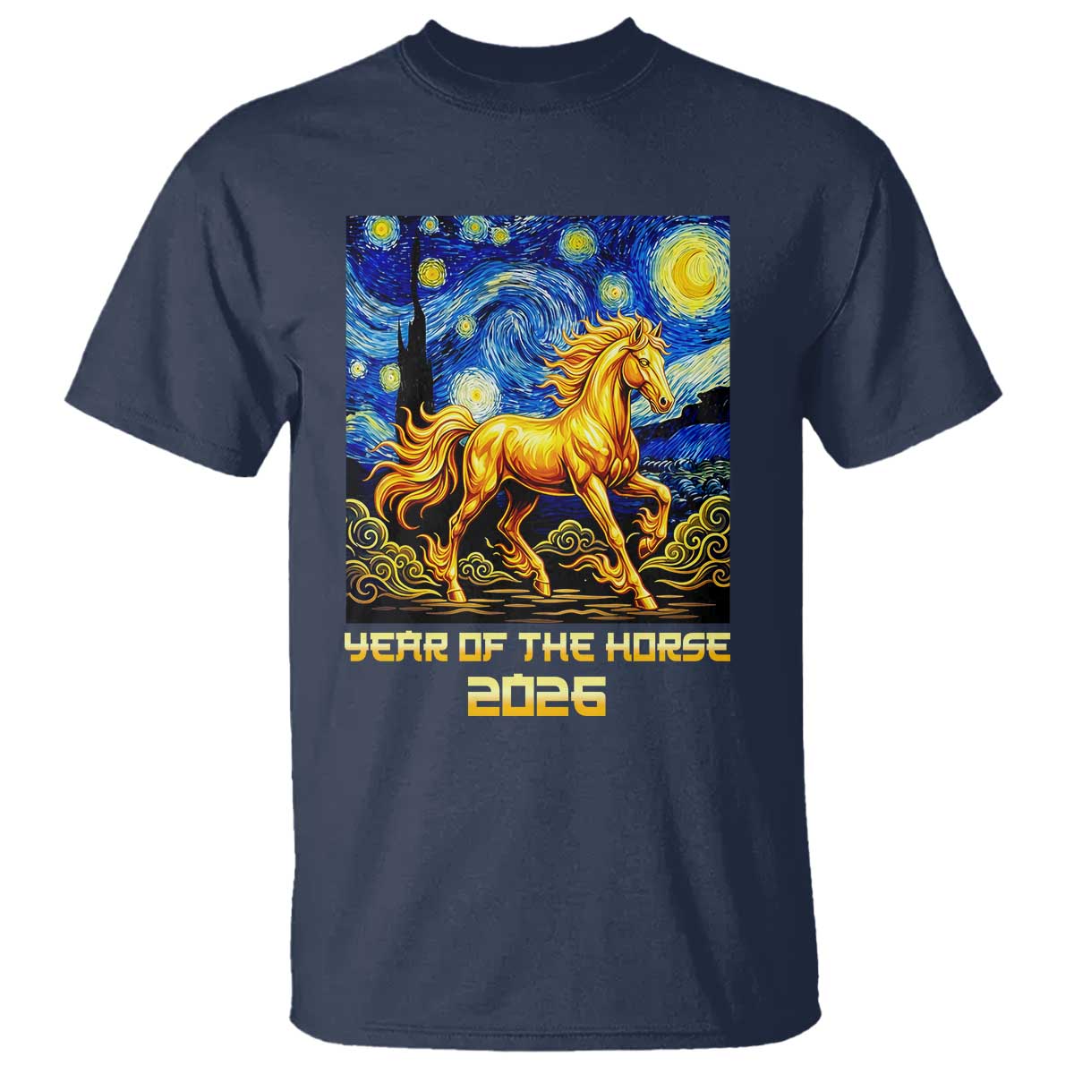 Year of the Horse Starry Night Inspired Graphic T Shirt Golden Horse Chinese Zodiac Art - Wonder Print Shop