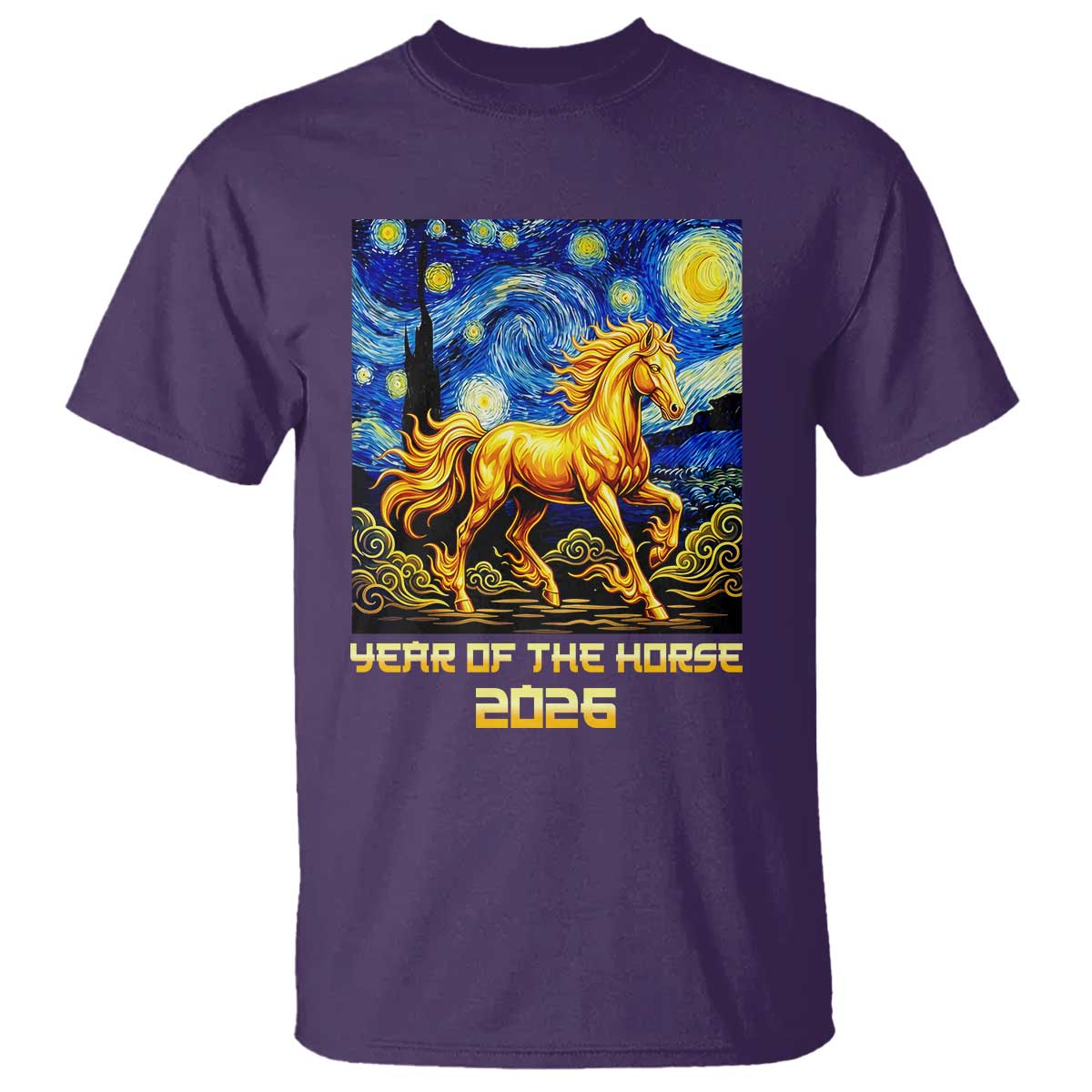Year of the Horse Starry Night Inspired Graphic T Shirt Golden Horse Chinese Zodiac Art - Wonder Print Shop