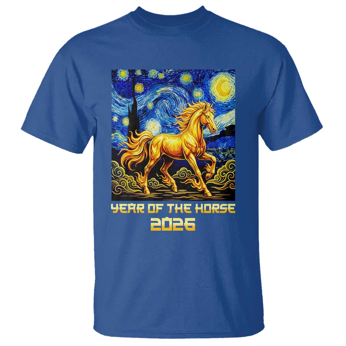 Year of the Horse Starry Night Inspired Graphic T Shirt Golden Horse Chinese Zodiac Art - Wonder Print Shop