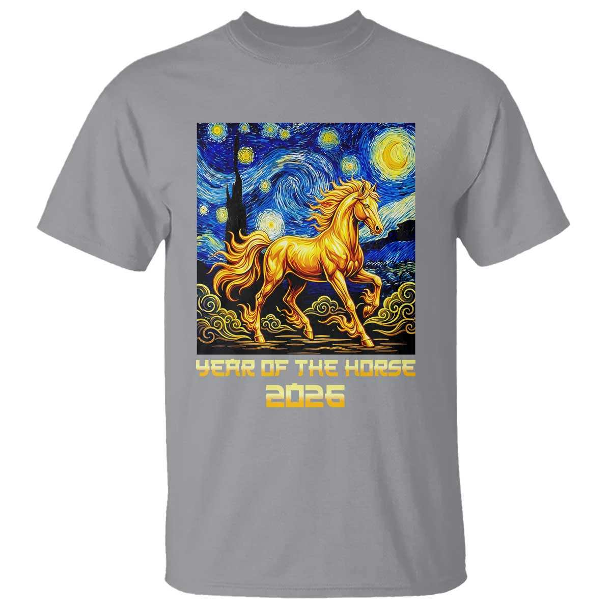 Year of the Horse Starry Night Inspired Graphic T Shirt Golden Horse Chinese Zodiac Art - Wonder Print Shop