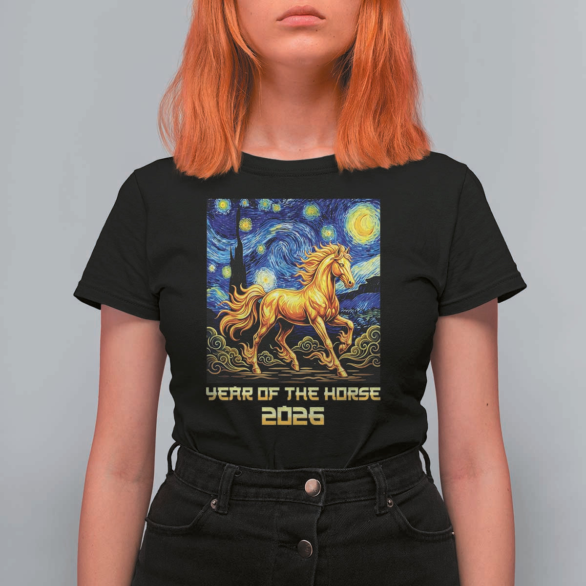 Year of the Horse Starry Night Inspired Graphic T Shirt For Women Golden Horse Chinese Zodiac Art - Wonder Print Shop