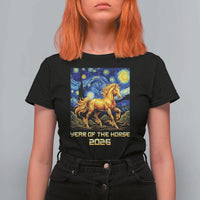 Year of the Horse Starry Night Inspired Graphic T Shirt For Women Golden Horse Chinese Zodiac Art - Wonder Print Shop