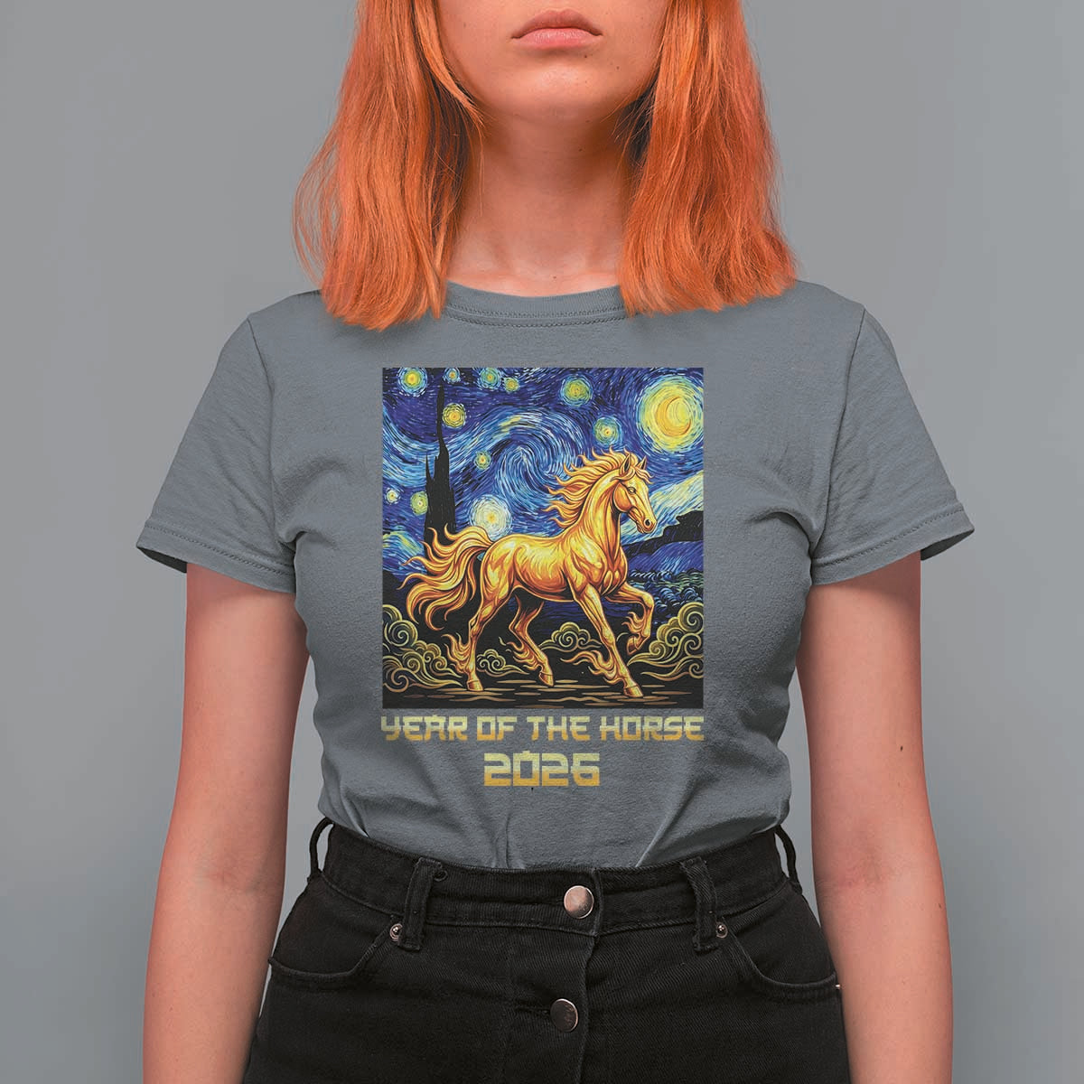 Year of the Horse Starry Night Inspired Graphic T Shirt For Women Golden Horse Chinese Zodiac Art - Wonder Print Shop