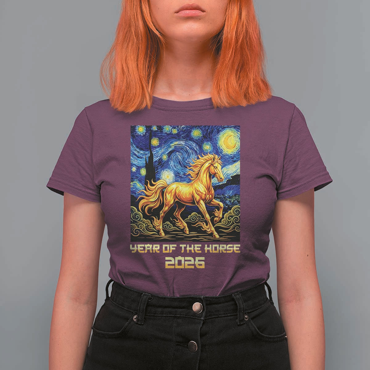 Year of the Horse Starry Night Inspired Graphic T Shirt For Women Golden Horse Chinese Zodiac Art - Wonder Print Shop