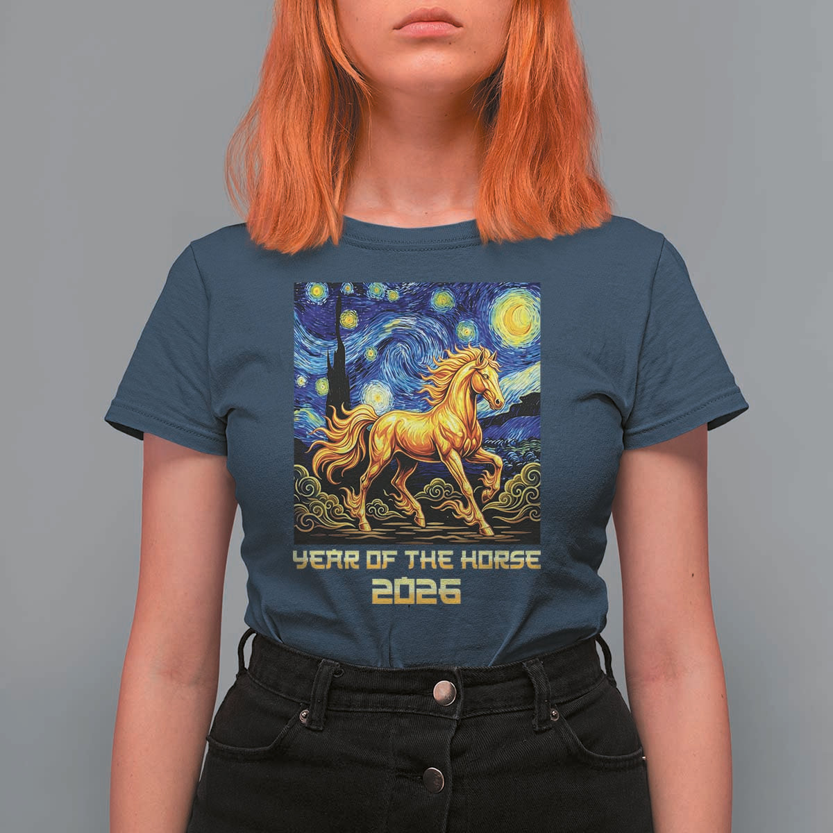 Year of the Horse Starry Night Inspired Graphic T Shirt For Women Golden Horse Chinese Zodiac Art - Wonder Print Shop