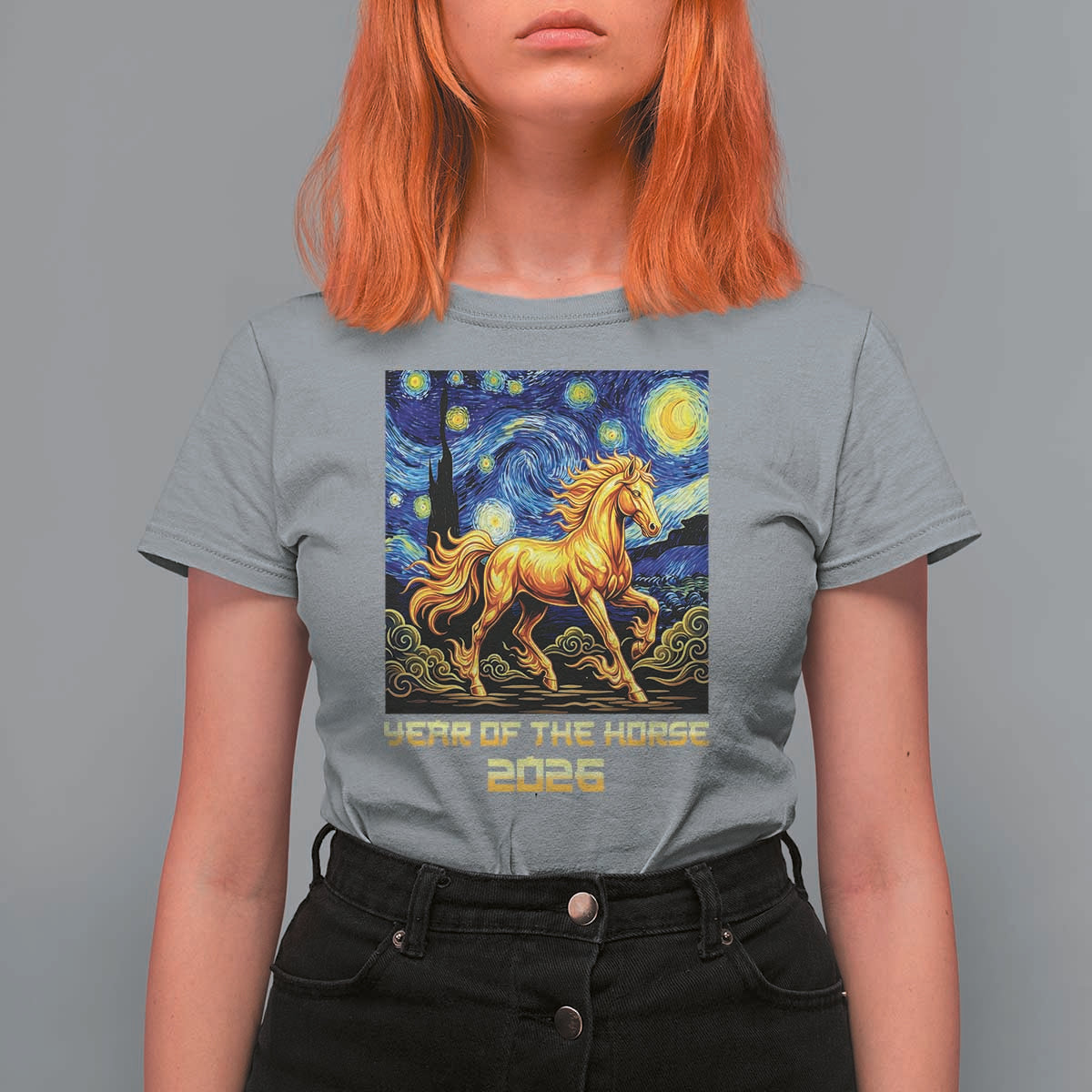 Year of the Horse Starry Night Inspired Graphic T Shirt For Women Golden Horse Chinese Zodiac Art - Wonder Print Shop