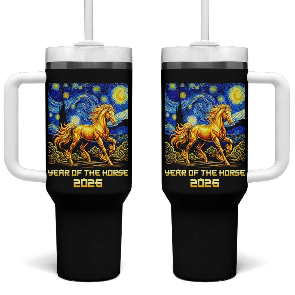 Year of the Horse Starry Night Inspired Graphic Tumbler With Handle Golden Horse Chinese Zodiac Art - Wonder Print Shop