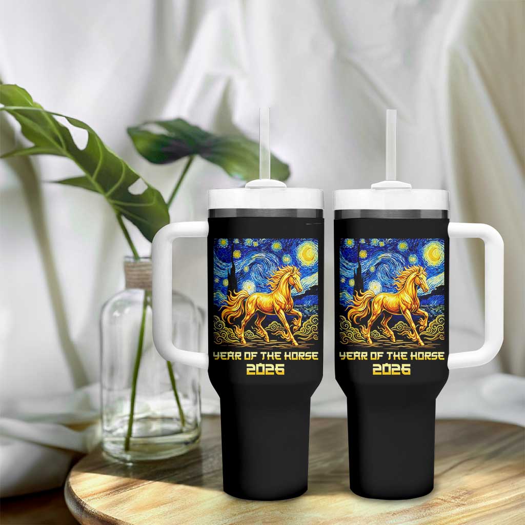 Year of the Horse Starry Night Inspired Graphic Tumbler With Handle Golden Horse Chinese Zodiac Art - Wonder Print Shop