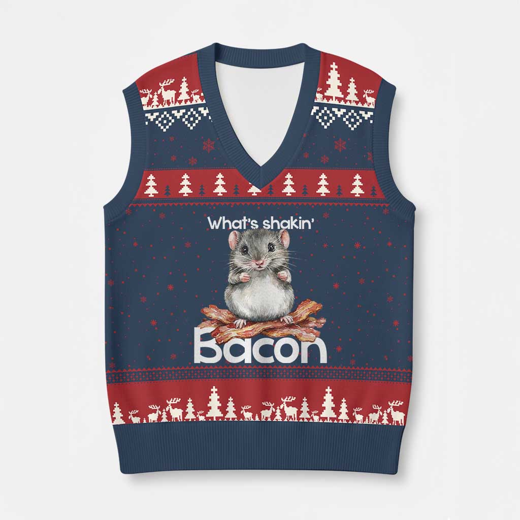 What is Shakin Bacon Funny Mouse V-Neck Knit Sweater Vest Pun Animal Humor - Wonder Print Shop