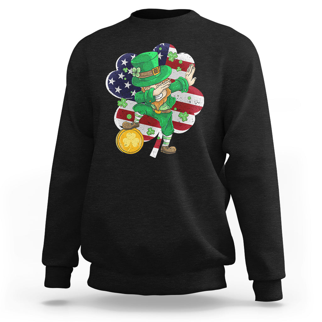 Cute St. Patricks Day Sweatshirt Dabbing Leperchaun American Flag Shamrock - Wonder Print Shop