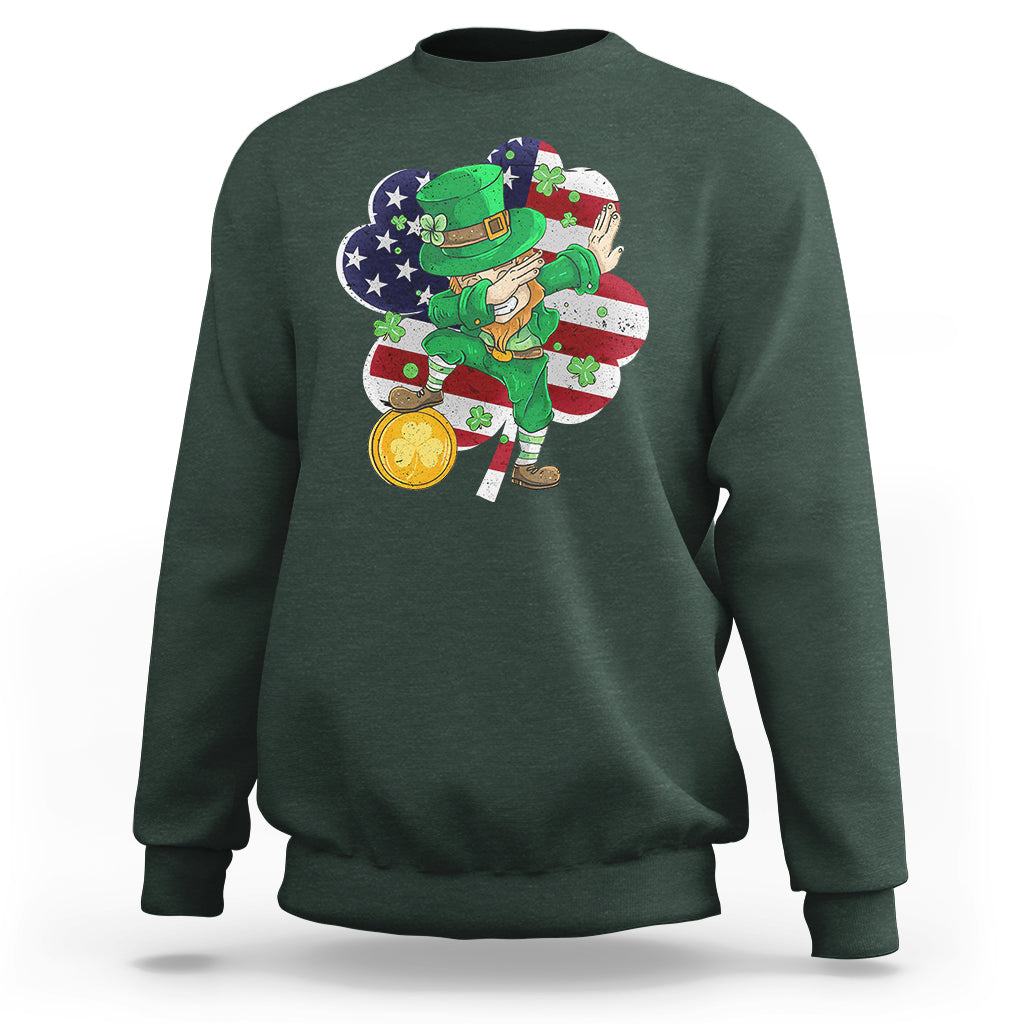Cute St. Patricks Day Sweatshirt Dabbing Leperchaun American Flag Shamrock - Wonder Print Shop