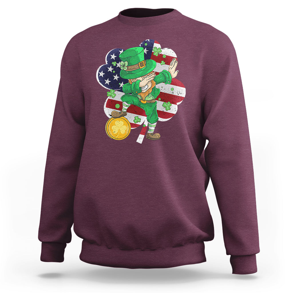 Cute St. Patricks Day Sweatshirt Dabbing Leperchaun American Flag Shamrock - Wonder Print Shop